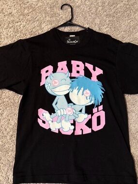 Baby Suko Black Graphic Tee with Pink & Blue Cartoon Print